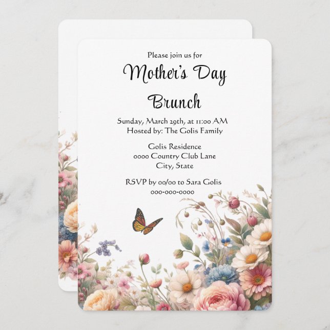 Elegant Floral  Mother's Day Brunch  Invitation (Front/Back)
