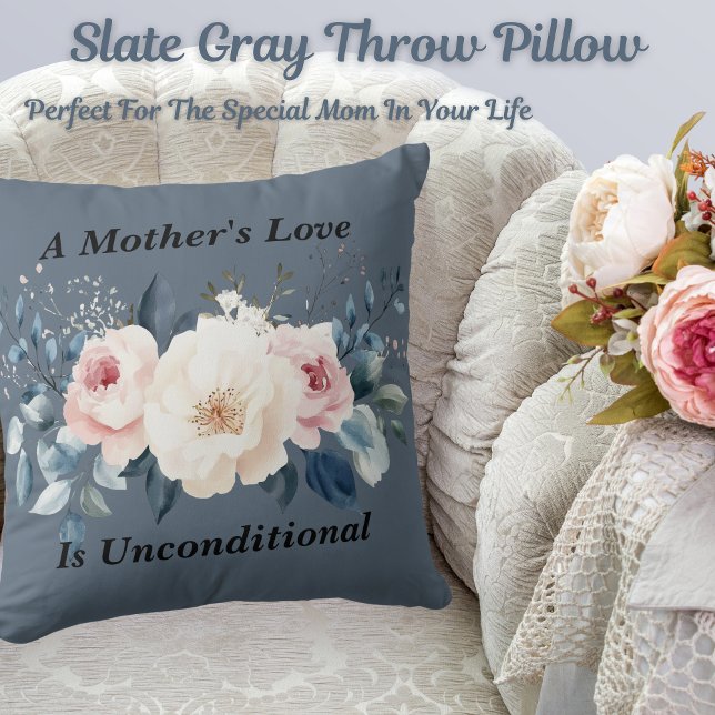 Elegant Floral Mother's Love Slate Gray Cushion (Get this beautiful slate gray throw pillow! Perfect for the special mom in your life.)