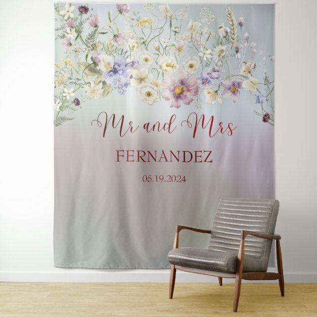 Elegant Floral Mr. and Mrs. Wedding Tapestry (In Situ)