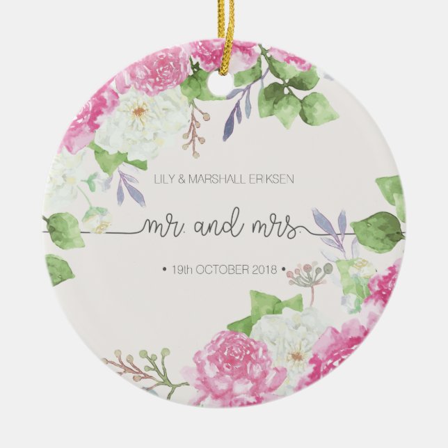 Elegant Floral Mr & Mrs Wedding | Ceramic Ornament (Front)