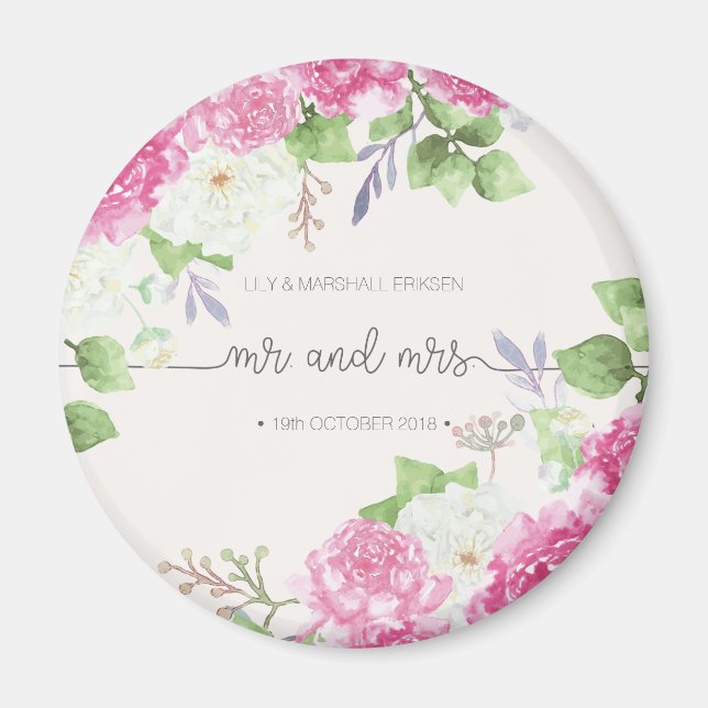 Elegant Floral Mr & Mrs Wedding | Fridge Magnet (Front)