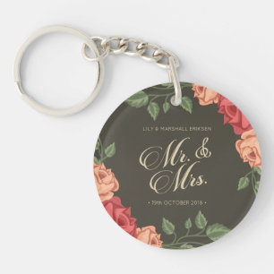 Elegant Floral Mr & Mrs Wedding   Keychain
