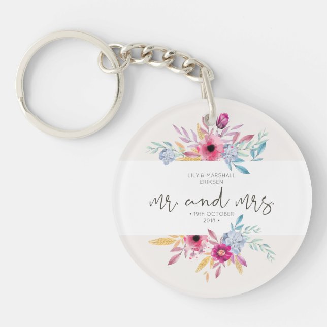 Elegant Floral Mr & Mrs Wedding | Keychain (Front)