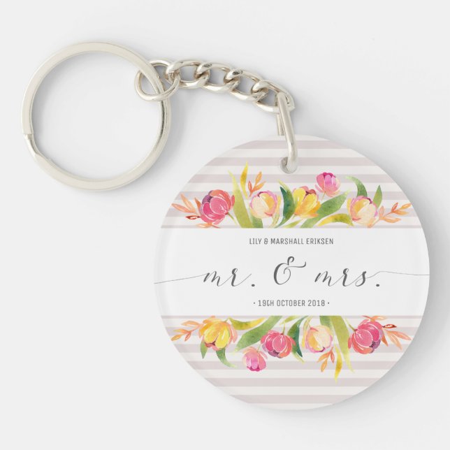 Elegant Floral Mr & Mrs Wedding | Keychain (Front)