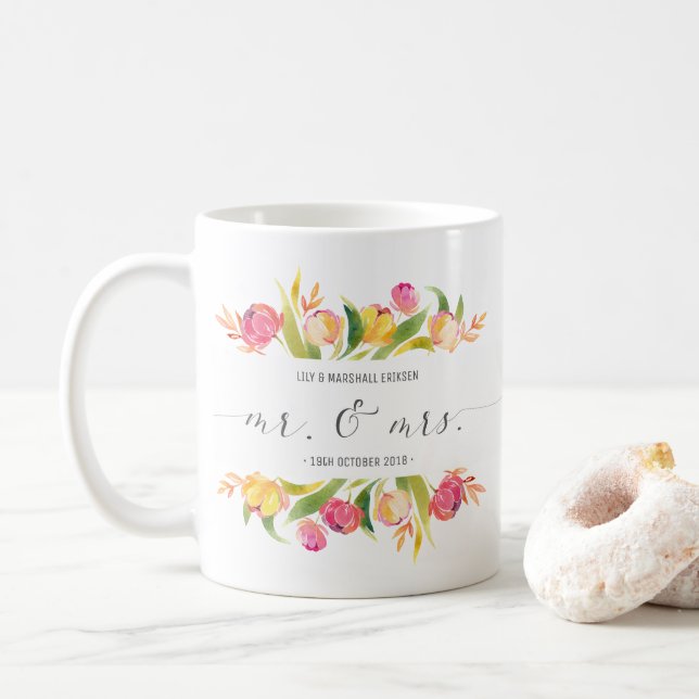 Elegant Floral Mr & Mrs Wedding | Mug (With Donut)