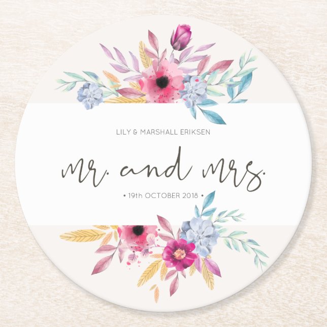 Elegant Floral Mr & Mrs Wedding | Paper Coaster (Front)