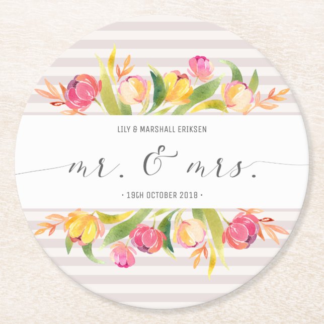 Elegant Floral Mr & Mrs Wedding | Paper Coaster (Front)