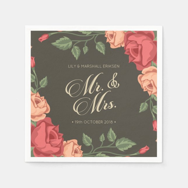 Elegant Floral Mr & Mrs Wedding | Paper Napkin (Front)