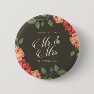 Elegant Floral Mr & Mrs Wedding Pin Button