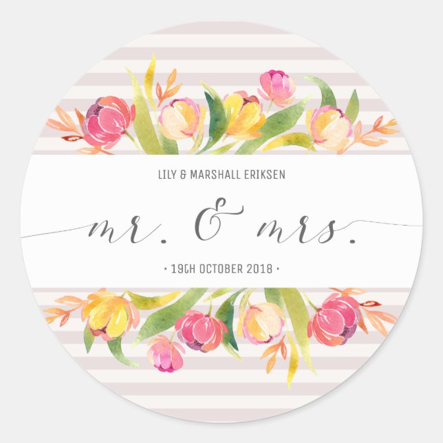 Elegant Floral Mr & Mrs Wedding | Sticker Seal (Front)