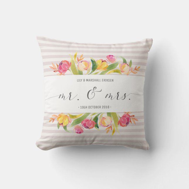 Elegant Floral Mr & Mrs Wedding | Throw Pillow (Front)