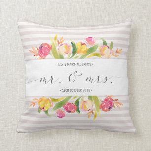 Elegant Floral Mr & Mrs Wedding   Throw Pillow