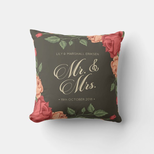 Elegant Floral Mr & Mrs Wedding | Throw Pillow (Front)