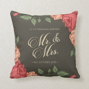 Elegant Floral Mr & Mrs Wedding   Throw Pillow
