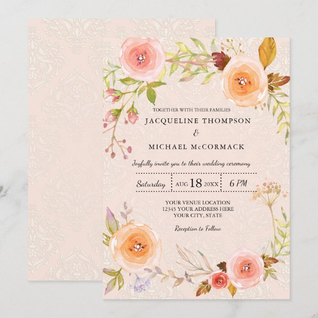 Elegant Floral n Damask Bridal Shower Wreath Invitation (Front/Back)