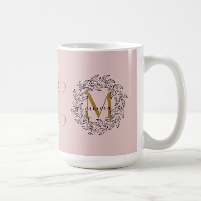 Elegant Floral Name Initial Monogram Pink Black Coffee Mug (Right)