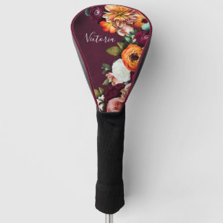 Elegant Floral Name Script Customised Burgundy Golf Head Cover