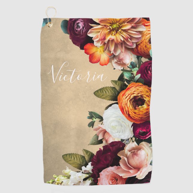 Elegant Floral Name Script Customised Rustic Golf Towel (Front)