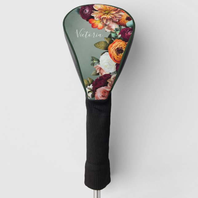 Elegant Floral Name Script Customised Sage Green Golf Head Cover (Front)
