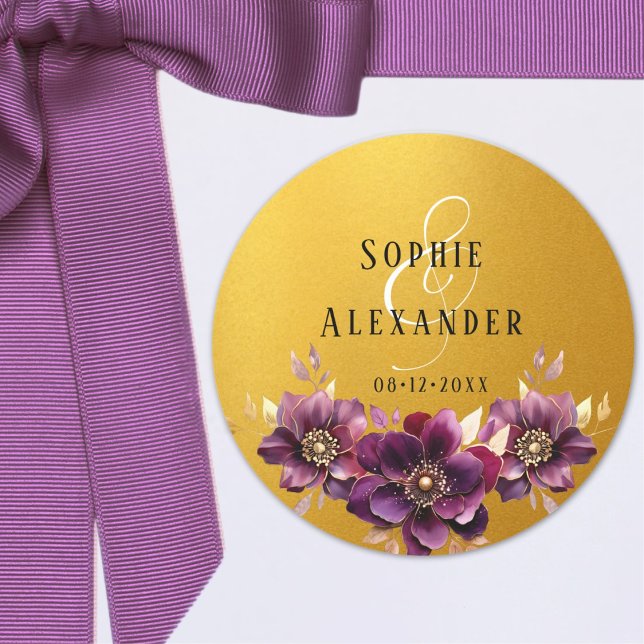 Elegant Floral Names Date Wedding Golden Sticker (Creator Uploaded)