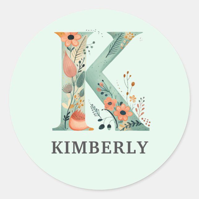 Elegant Floral Nature Letter K Personalized Name Classic Round Sticker (Front)