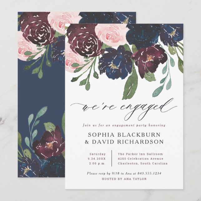 Elegant Floral Navy and Plum | Engagement Party Invitation (Front/Back)