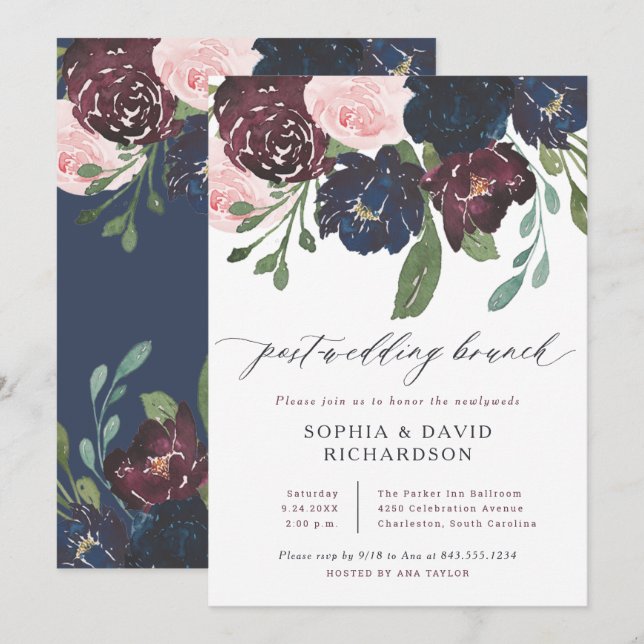 Elegant Floral Navy and Plum | Post Wedding Brunch Invitation (Front/Back)
