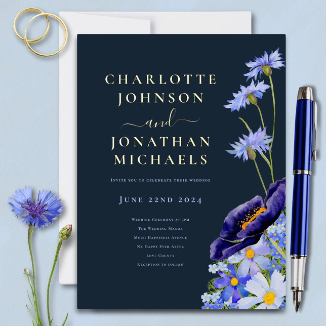 Elegant Floral Navy Blue and Gold Foil Invitation Postcard (Modern wildflower floral on dark navy blue with gold foil typography script wedding invitation )