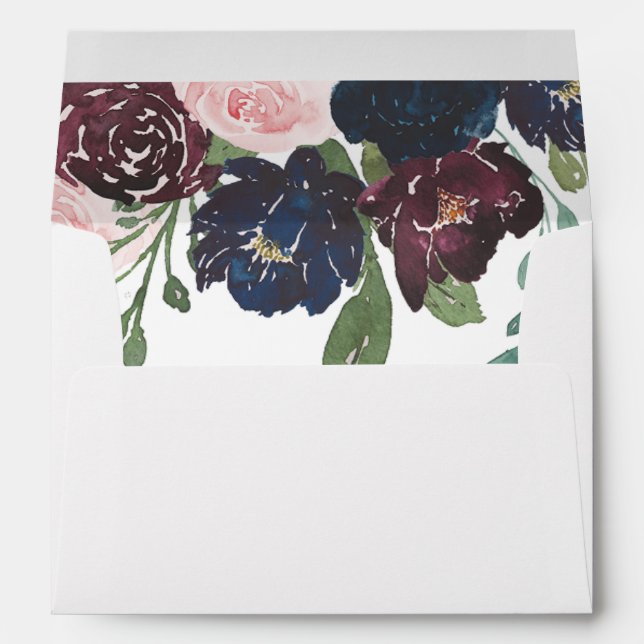 Elegant Floral Navy Blue and Plum on White Envelope (Back (Bottom))