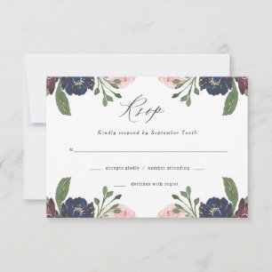Elegant Floral Navy Blue and Plum   Wedding RSVP Card