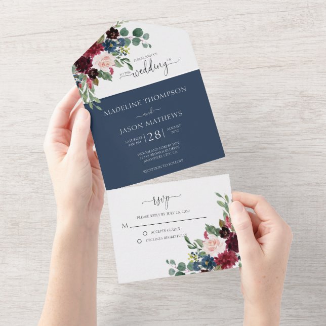 Elegant Floral Navy Blue Burgundy Wedding All In One Invitation (Tearaway)