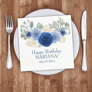 Elegant Floral Navy Blue Floral Birthday Party Napkin