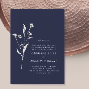 Elegant Floral Navy Blue Formal Wording Wedding Invitation