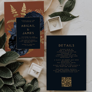 Elegant Floral Navy Blue Gold Rust QR Code Wedding Invitation
