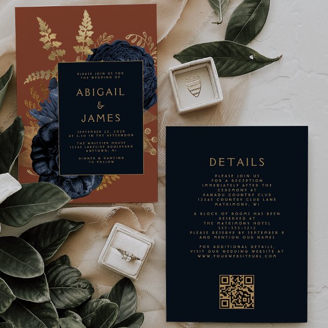 Elegant Floral Navy Blue Gold Rust QR Code Wedding Invitation (Creator Uploaded)