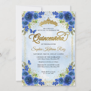 Elegant Floral Navy Blue Gold Tiara Quinceañera Invitation
