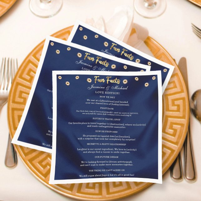 Elegant Floral Navy Blue & Gold Wedding Fun Facts  Napkin (Creator Uploaded)