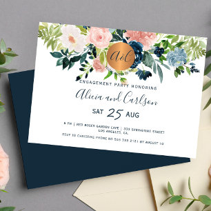 Elegant floral navy blue monogram engagement party invitation