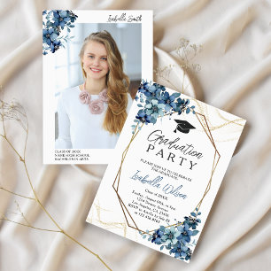 Elegant Floral Navy Blue Photo Graduation Party  Invitation