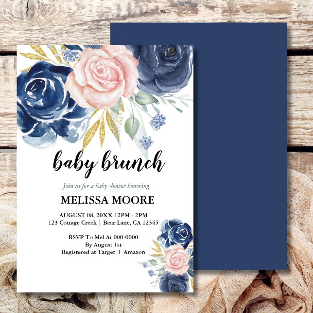 Elegant Floral navy blue pink baby brunch shower Invitation (Creator Uploaded)