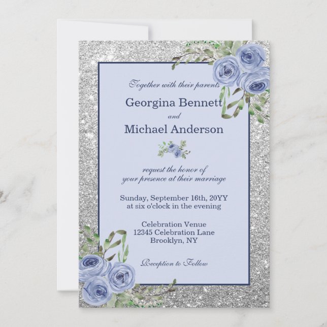Elegant Floral Navy Blue Silver Sparkle Wedding Invitation (Front)