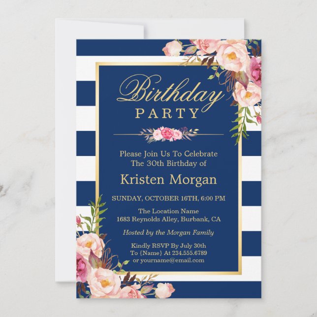 Elegant Floral Navy Blue Stripes Birthday Party Invitation (Front)