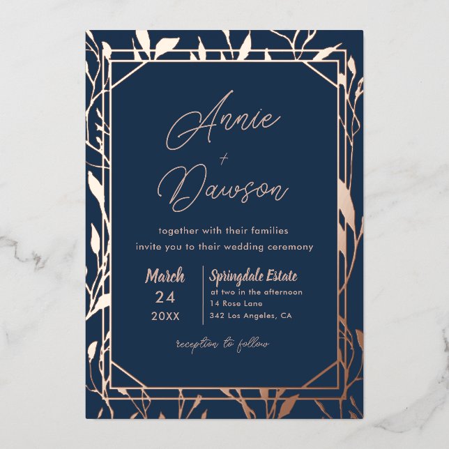 Elegant Floral Navy & Rose Gold Wedding (Front)