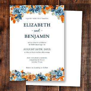 Elegant Floral Navy Rust Dark Terracota Wedding Invitation