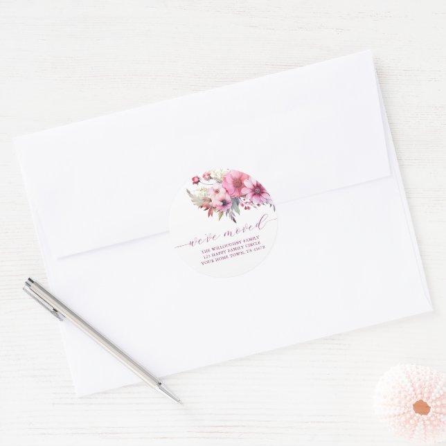 Elegant Floral New Address Classic Round Sticker (Envelope)