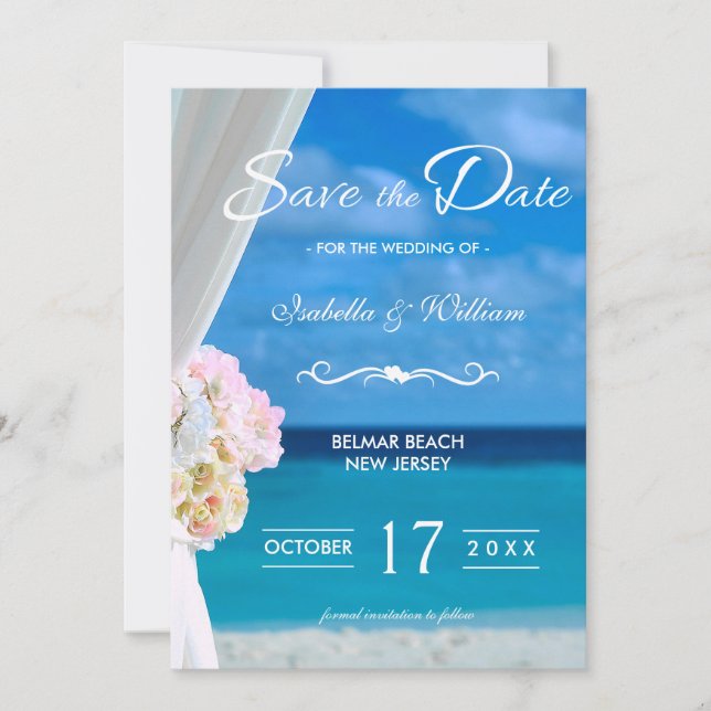 Elegant Floral Ocean Beach Save the Date (Front)