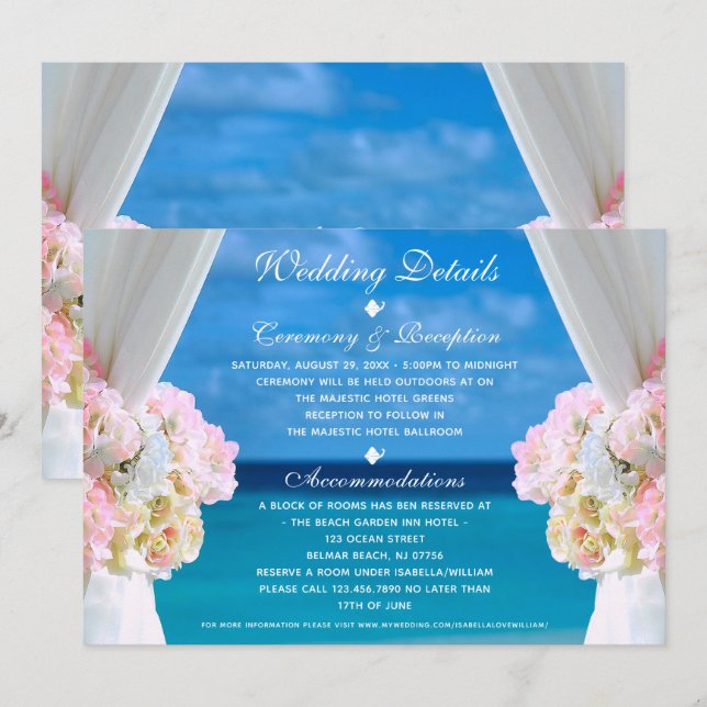 Elegant Floral Ocean Beach Summer Wedding Details Invitation (Front/Back)