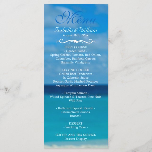 Elegant Floral Ocean Beach Summer Wedding Menu (Front)
