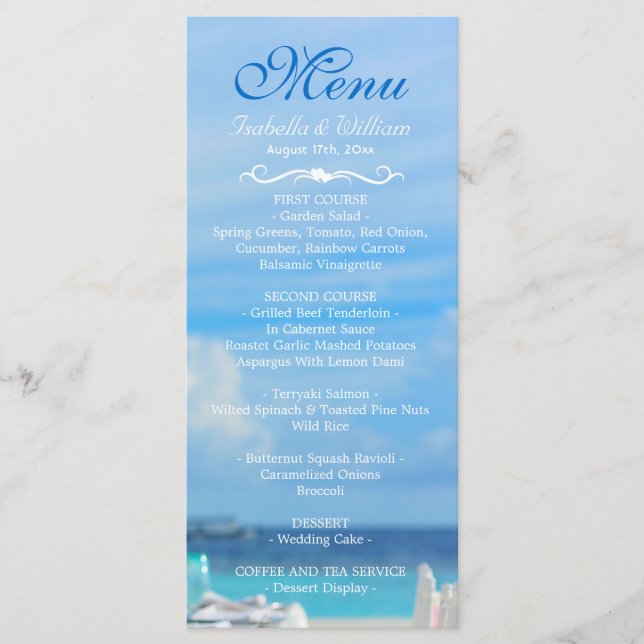 Elegant Floral Ocean Beach Summer Wedding Menu (Front)