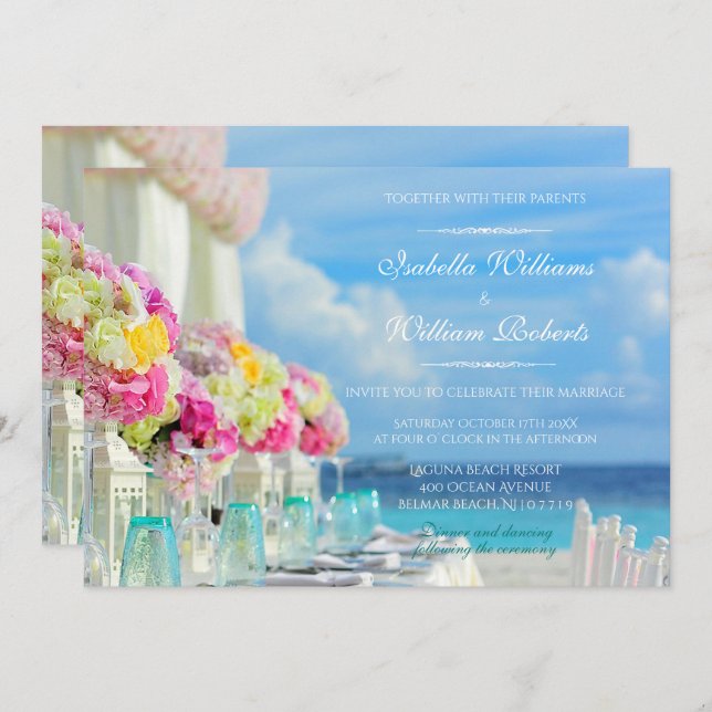 Elegant Floral Ocean Beach Wedding Invitation (Front/Back)